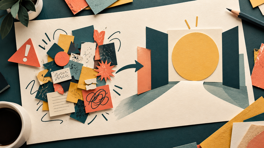 Cluttered paper marks contrasted with a clear focal shape and open path
