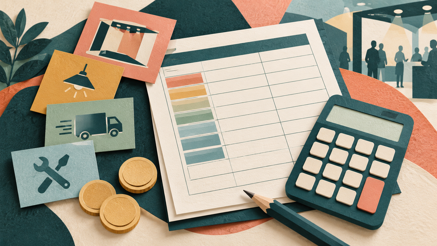 A blank budget worksheet, calculator and component cost symbols