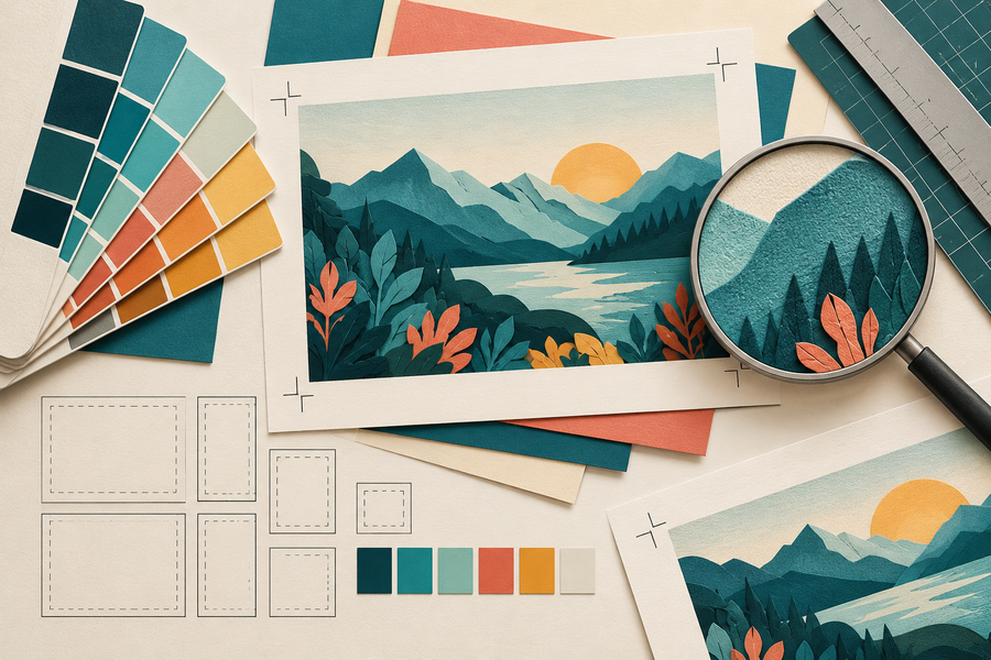 Color swatches, crop marks and an image-detail check for print artwork preparation