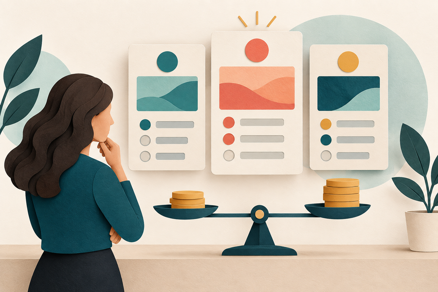 Comparison cards and a balance illustrating display buying decisions