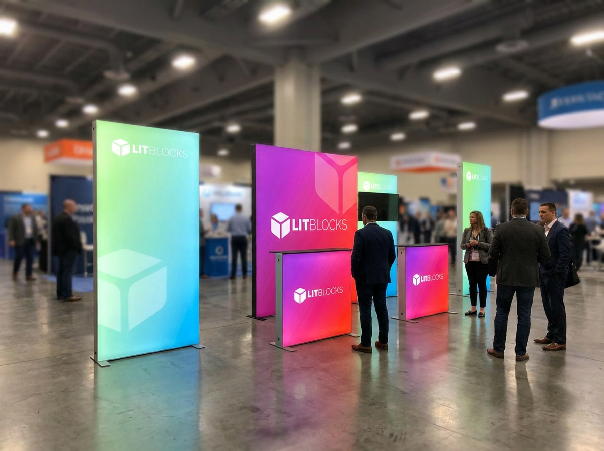 LitBlocks modular backlit booth with custom fabric graphics and illuminated counters
