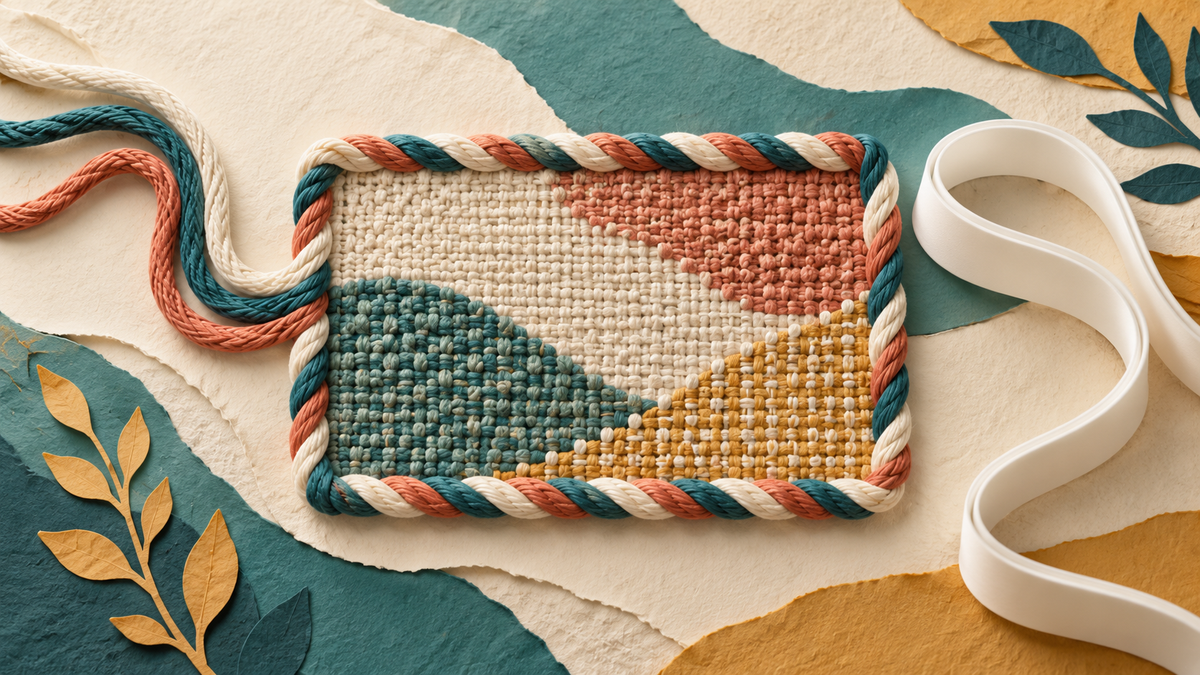 Woven fabric swatch with decorative edging and a flexible white ribbon