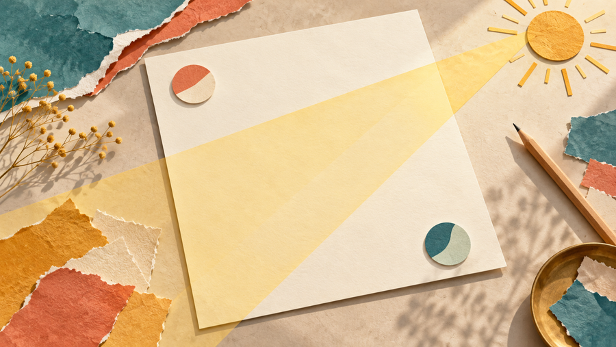 An uncluttered square planning sheet with two visitor tokens and a diagonal light ray