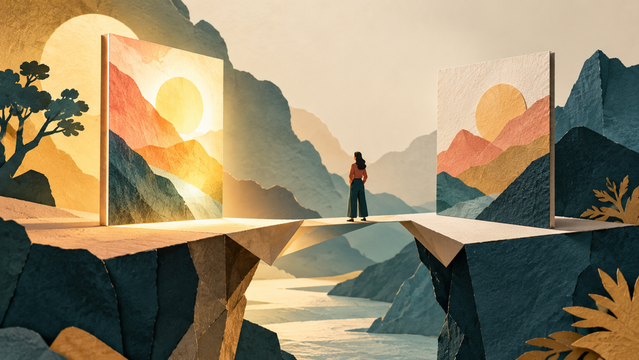 Glowing and flat paper artwork compositions compared across a folded paper bridge