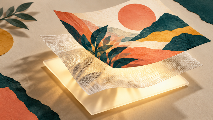 Artwork, woven fabric and light separated into conceptual layers