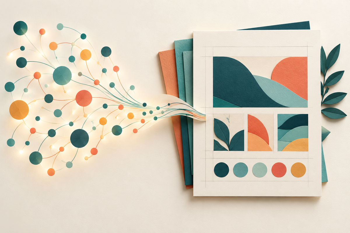 Editorial illustration of AI ideas becoming a structured artwork layout