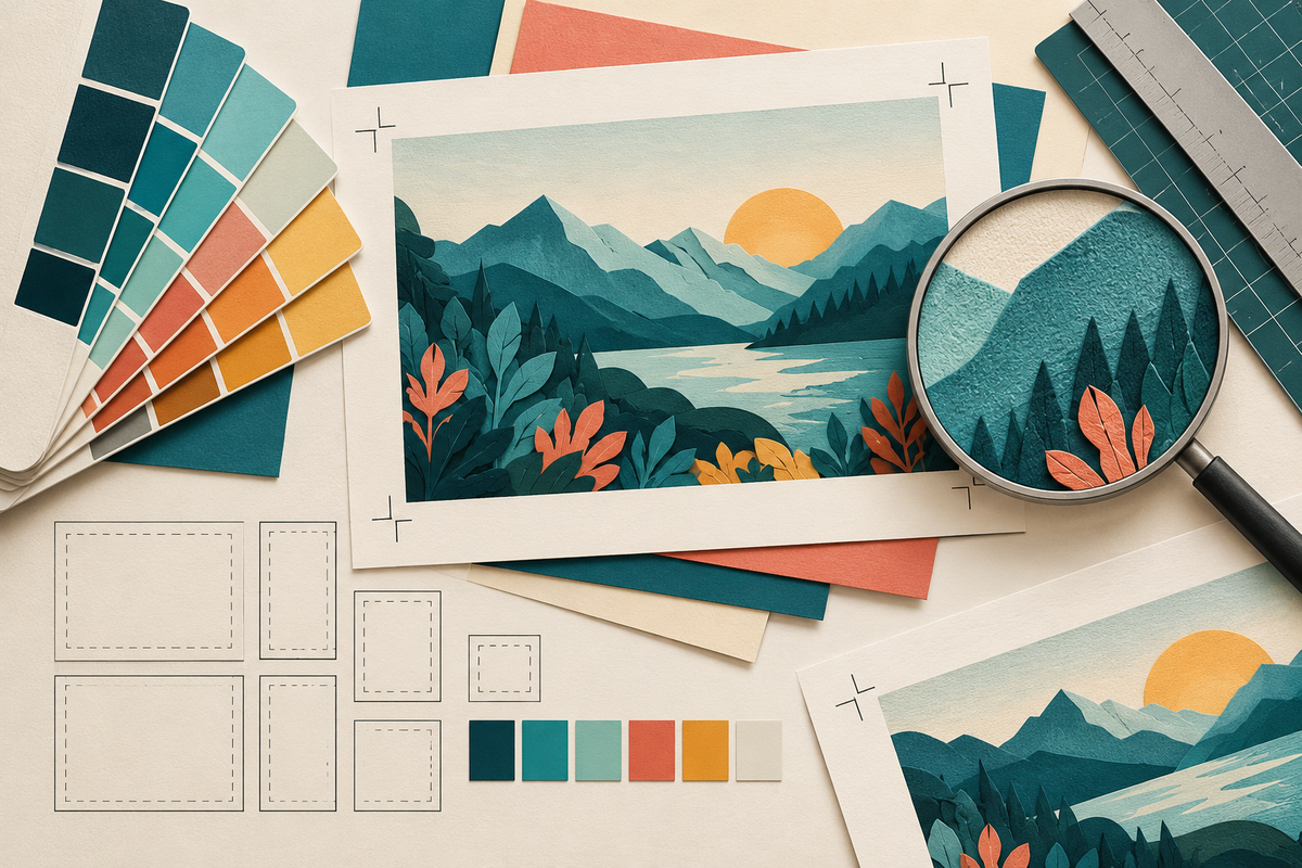 Color swatches, crop marks and an image-detail check for print artwork preparation