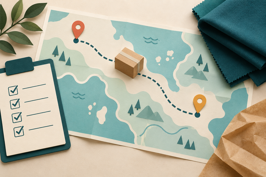 Parcel, route map and fabric swatches illustrating transport planning