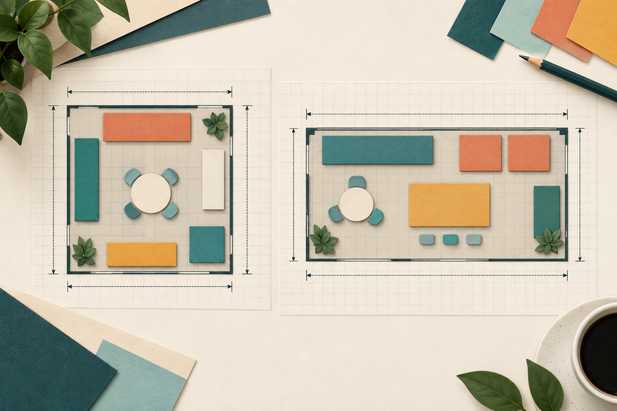Conceptual top-down square and rectangular booth layouts with dimension guides