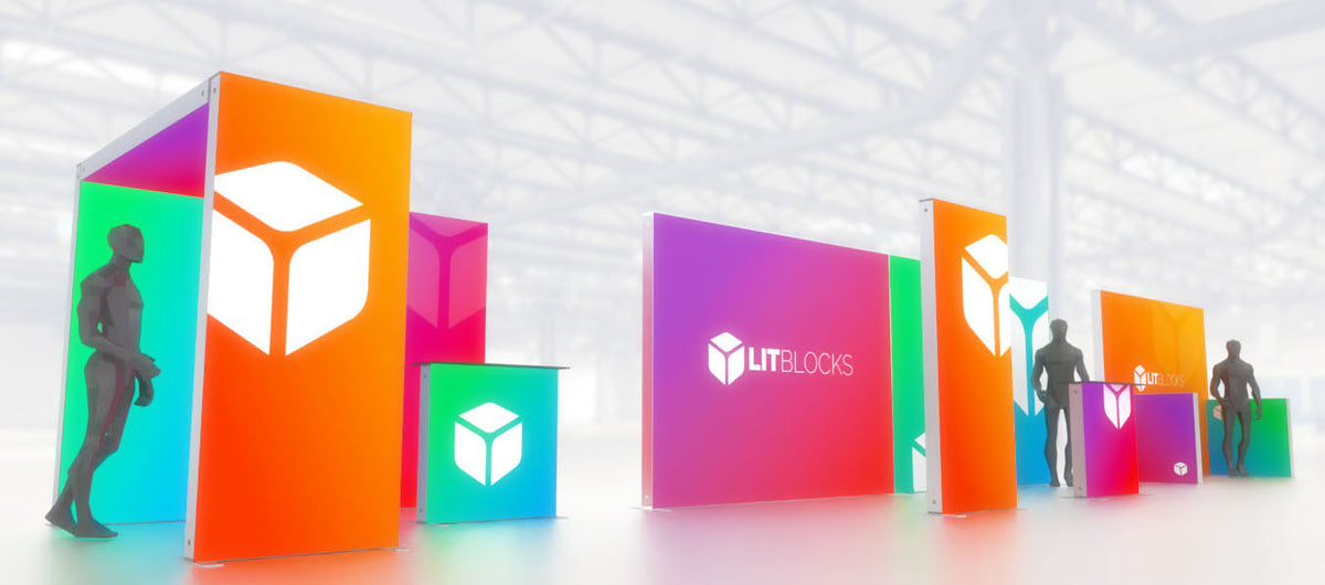 LitBlocks modular backlit booth with custom fabric graphics and illuminated counters