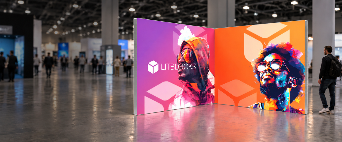 Lifestyle rendering of the LitBlocks SEGO 10ft L-shape display with two illuminated fabric walls in a trade show setting